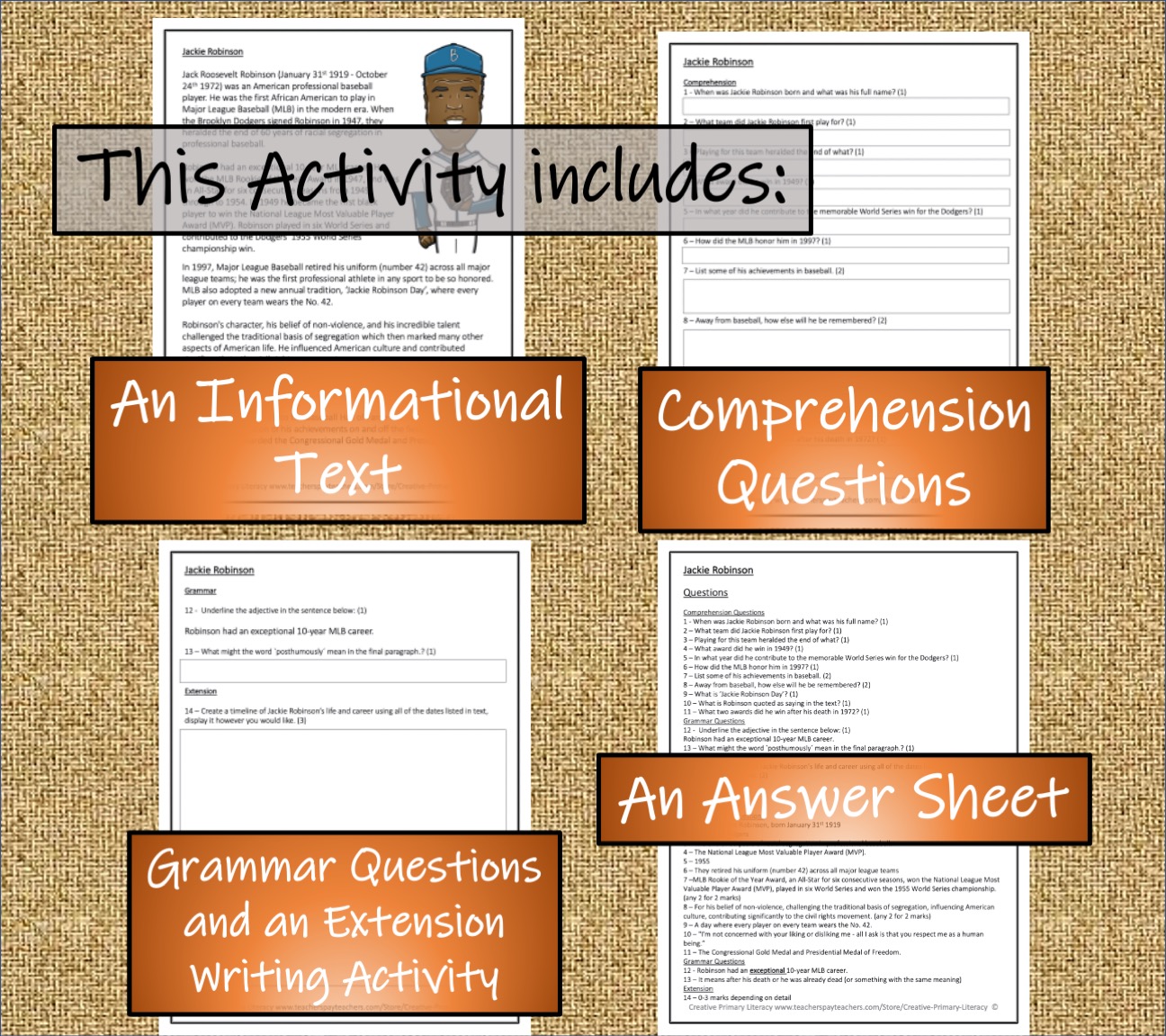 UKS2 Jackie Robinson Reading Comprehension Activity Teaching Resources
