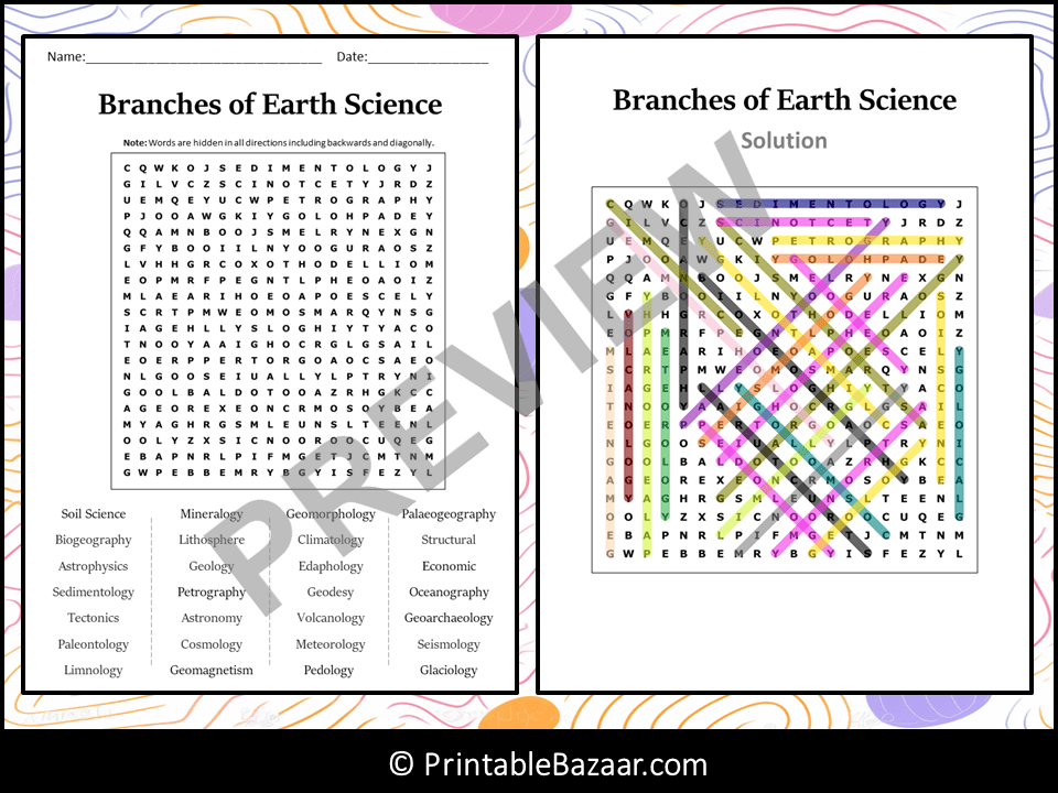 Branches of Earth Science Word Search Puzzle Worksheet Activity