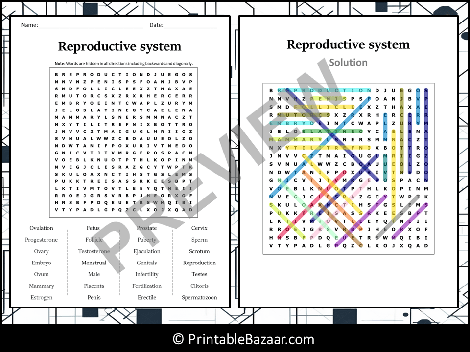 Reproductive system Word Search Puzzle Worksheet Activity | Teaching