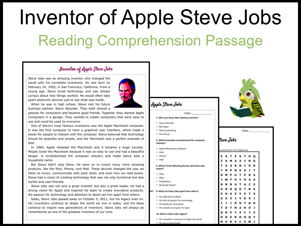 Inventor of Apple Steve Jobs Reading Comprehension and Word Search Teaching Resources