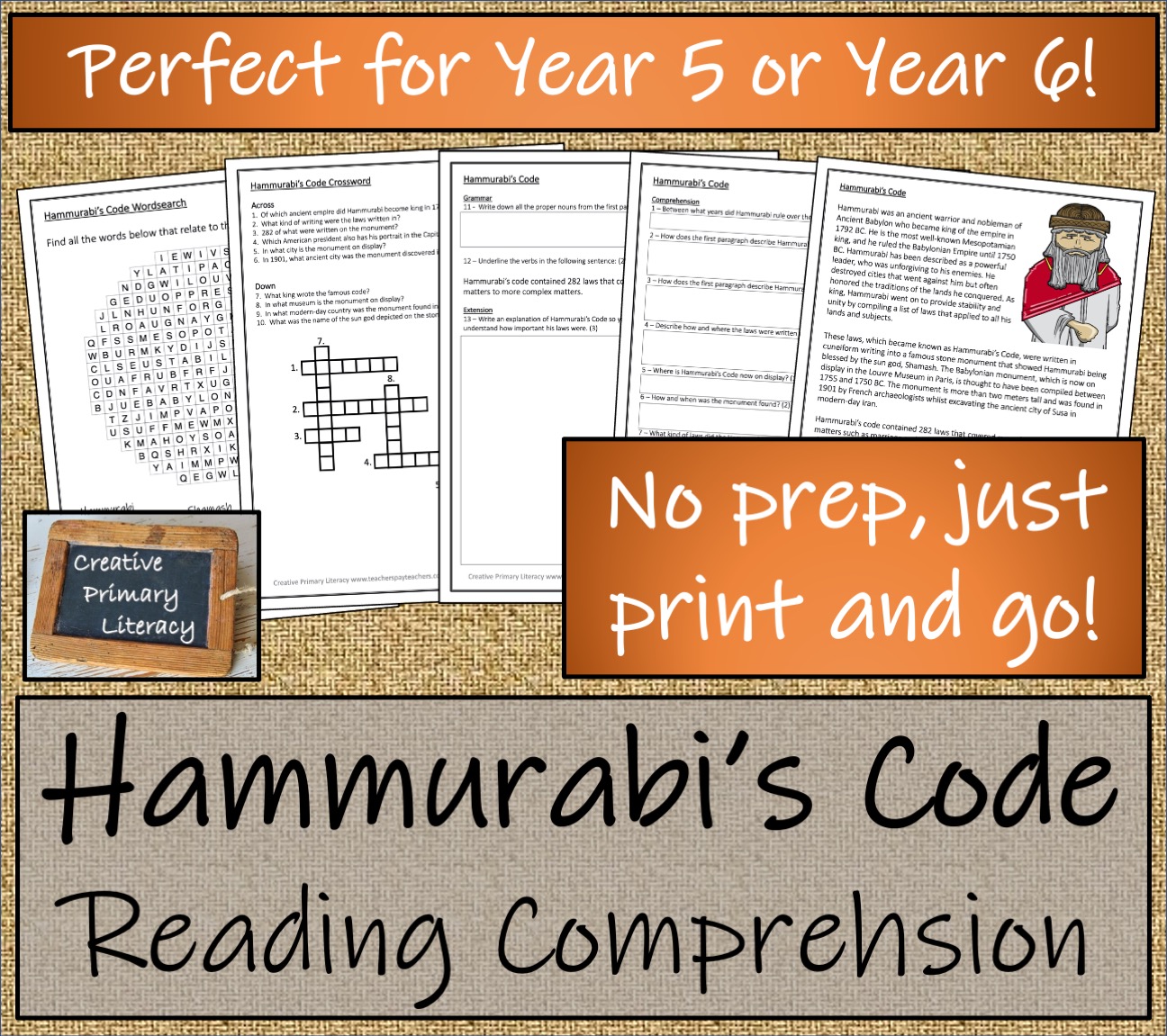 UKS2 Hammurabi's Code Reading Comprehension Activity Teaching Resources
