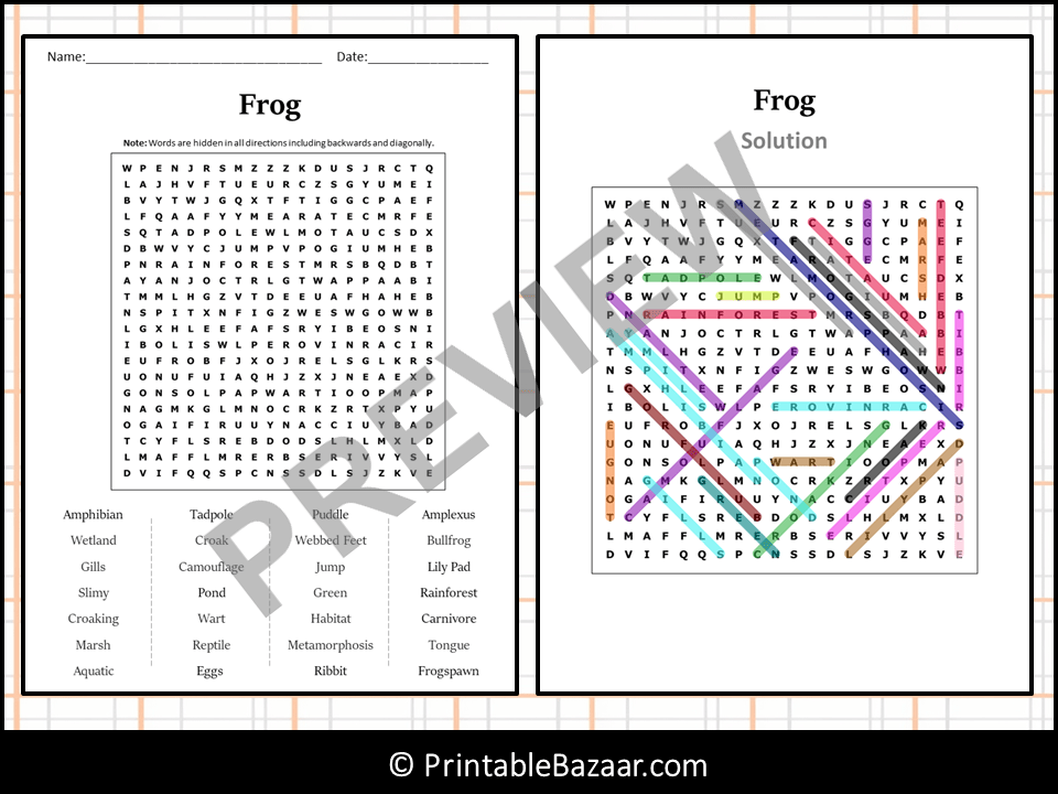 Frog Word Search Puzzle Worksheet Activity Teaching Resources