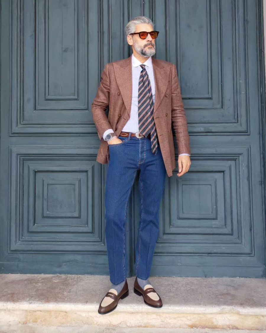 Brown Linen Jacket with Denim Jeans Hockerty
