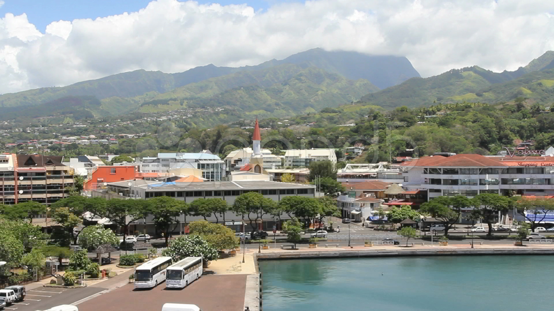 Papeete city view with buses on dock Video Clip 2525297