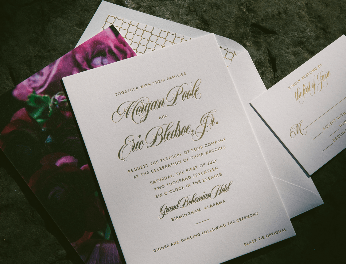 dramatic gold foil + floral wedding invitations Bella Figura