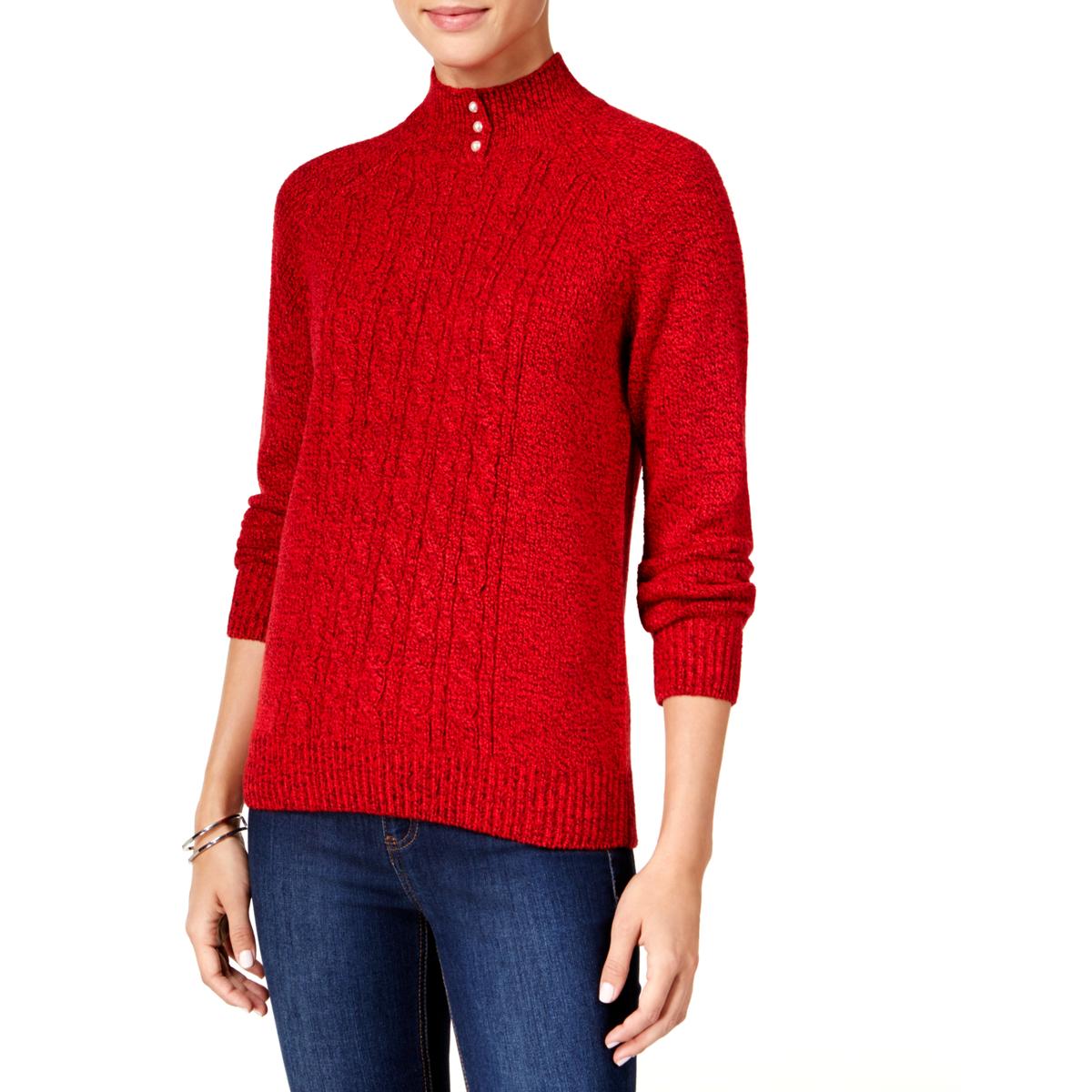 Karen Scott Womens Red Cable Knit Marled Mock Turtleneck
