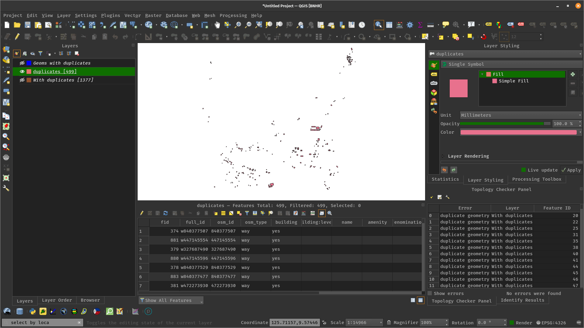 Select duplicate geometries from a layer in QGIS BNHR