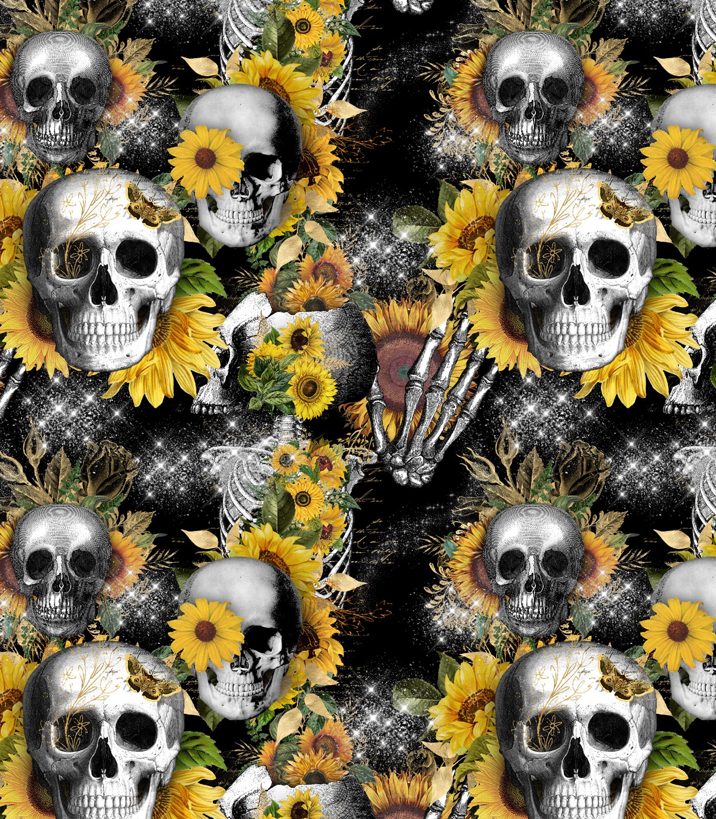 Black/Yellow/White Skulls/Sunflowers Exclusive Print Olga's Closet