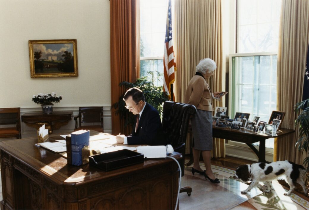 President and Mrs. Bush in the Oval Office White House Historical