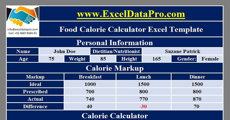 Download Food Calorie Calculator With Monthly Calorie Log Excel