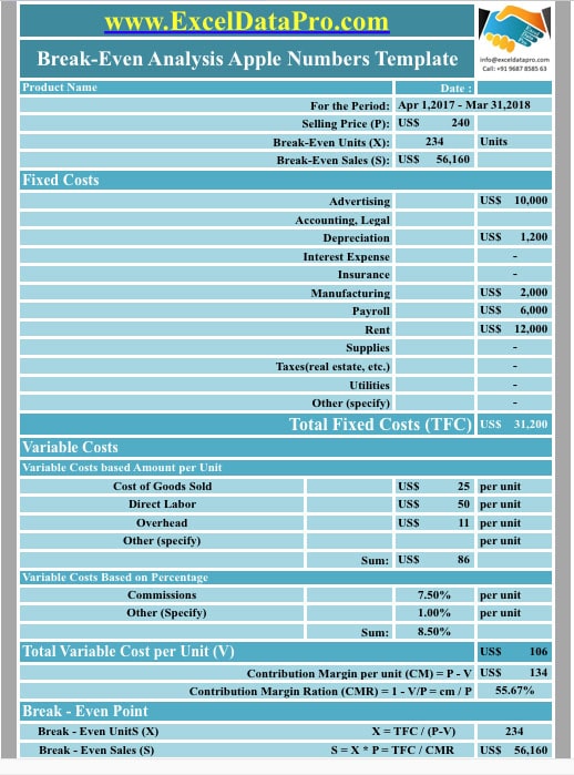 Download BreakEven Analysis Apple Numbers Template ExcelDataPro