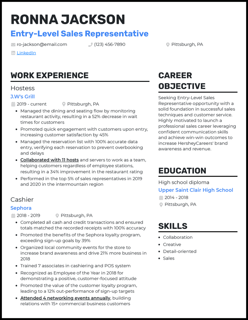 3 Beginner Sales Representative Resume Examples for 2024
