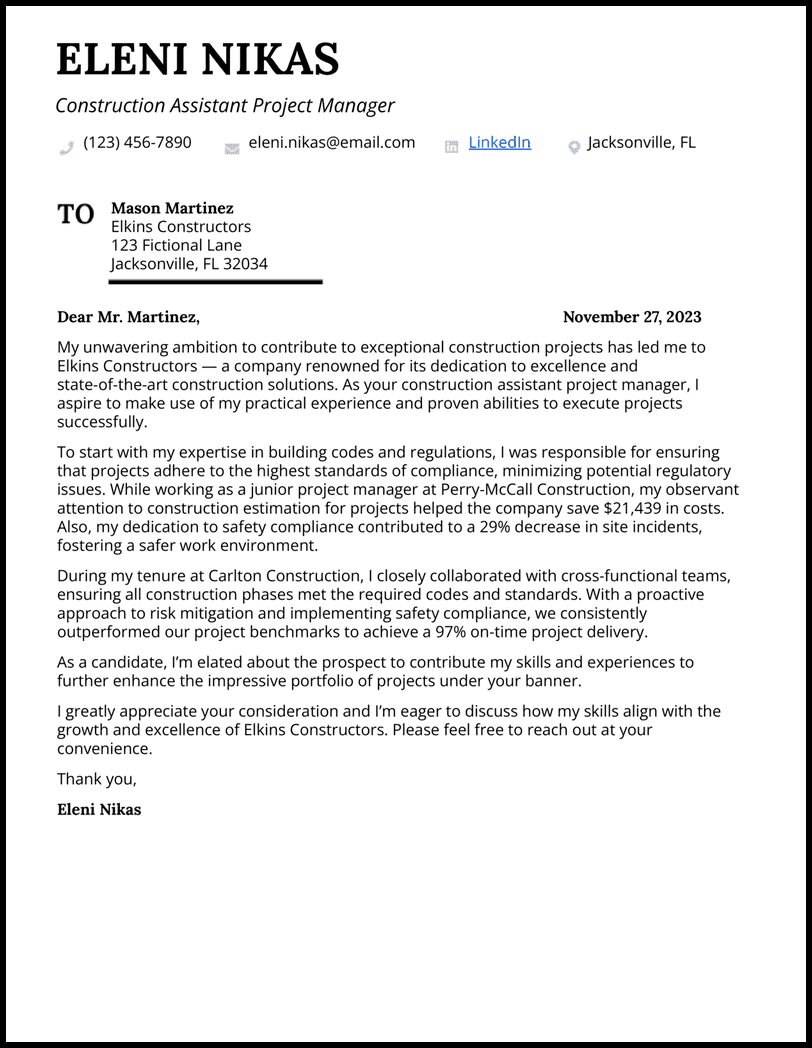 5 Construction Project Manager Cover Letter Examples