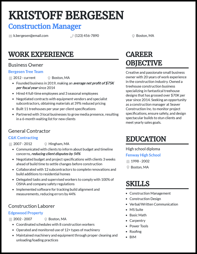 3 Construction Business Owner Resume Examples for 2025