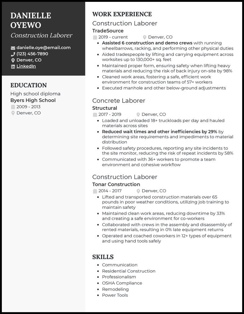 5 Construction Laborer Resume Examples Working for 2024
