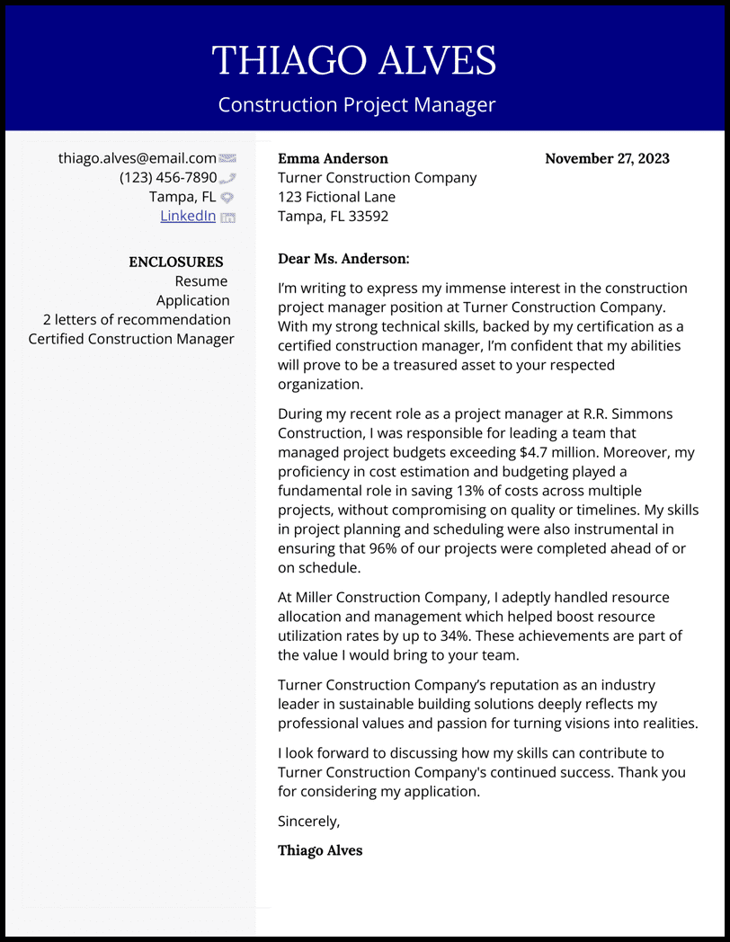 5 Construction Project Manager Cover Letter Examples