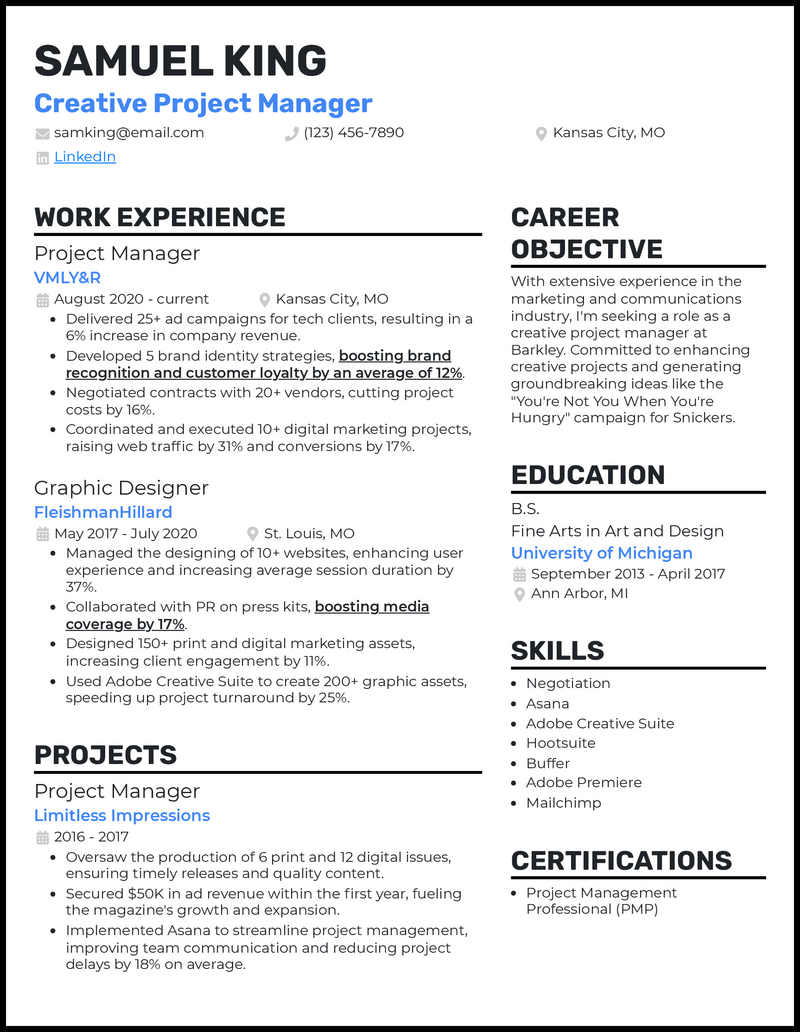 3 Creative Project Manager Resume Examples & Templates [Edit Free]