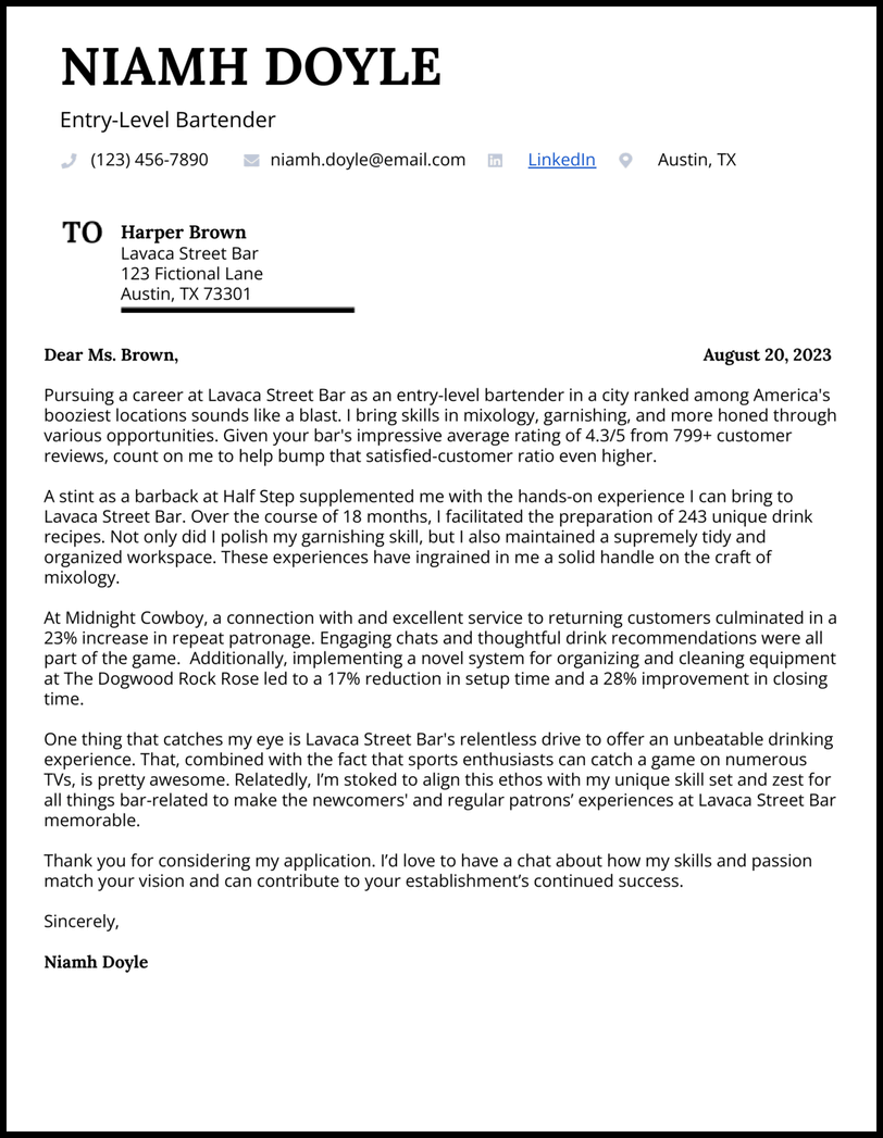 5 Bartender Cover Letter Examples Made for You in 2024