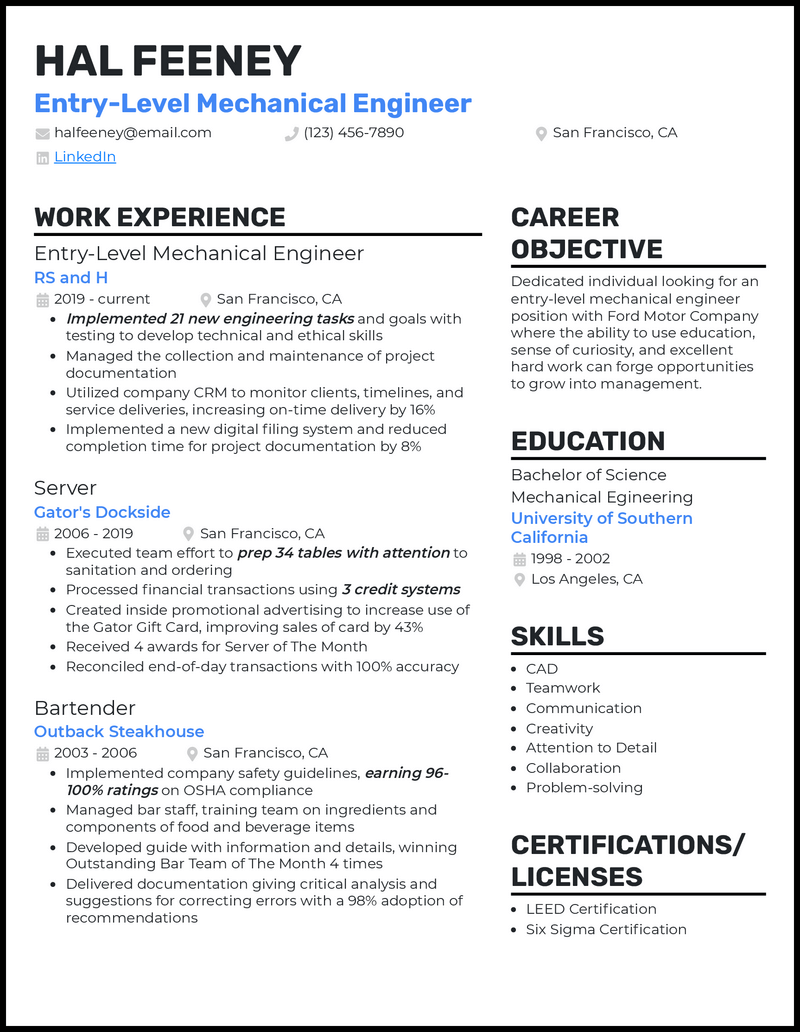 3 EntryLevel Mechanical Engineering Resume Examples
