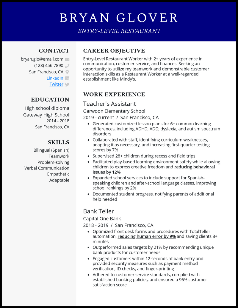 3 EntryLevel Restaurant Resume Examples for 2024