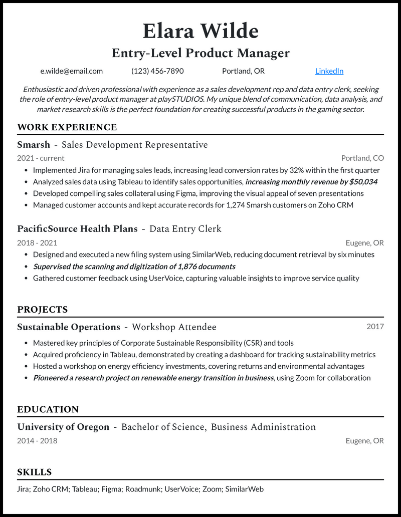 5 EntryLevel Product Manager Resume Examples for 2024