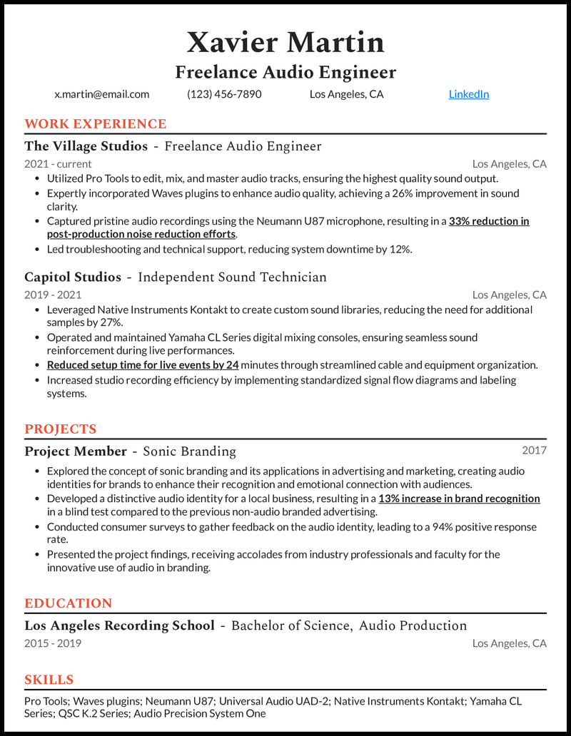 7 Audio Engineer Resume Examples to Get the Job in 2024