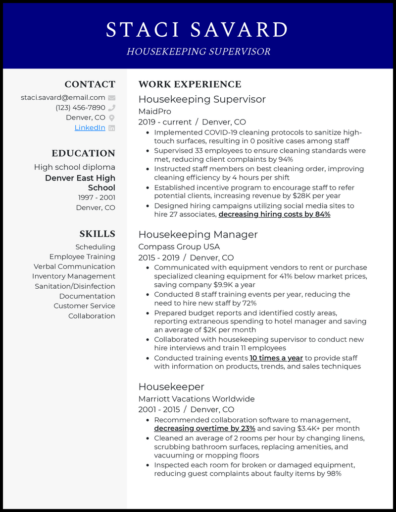 3 Housekeeping Supervisor Resume Examples Created For 2024