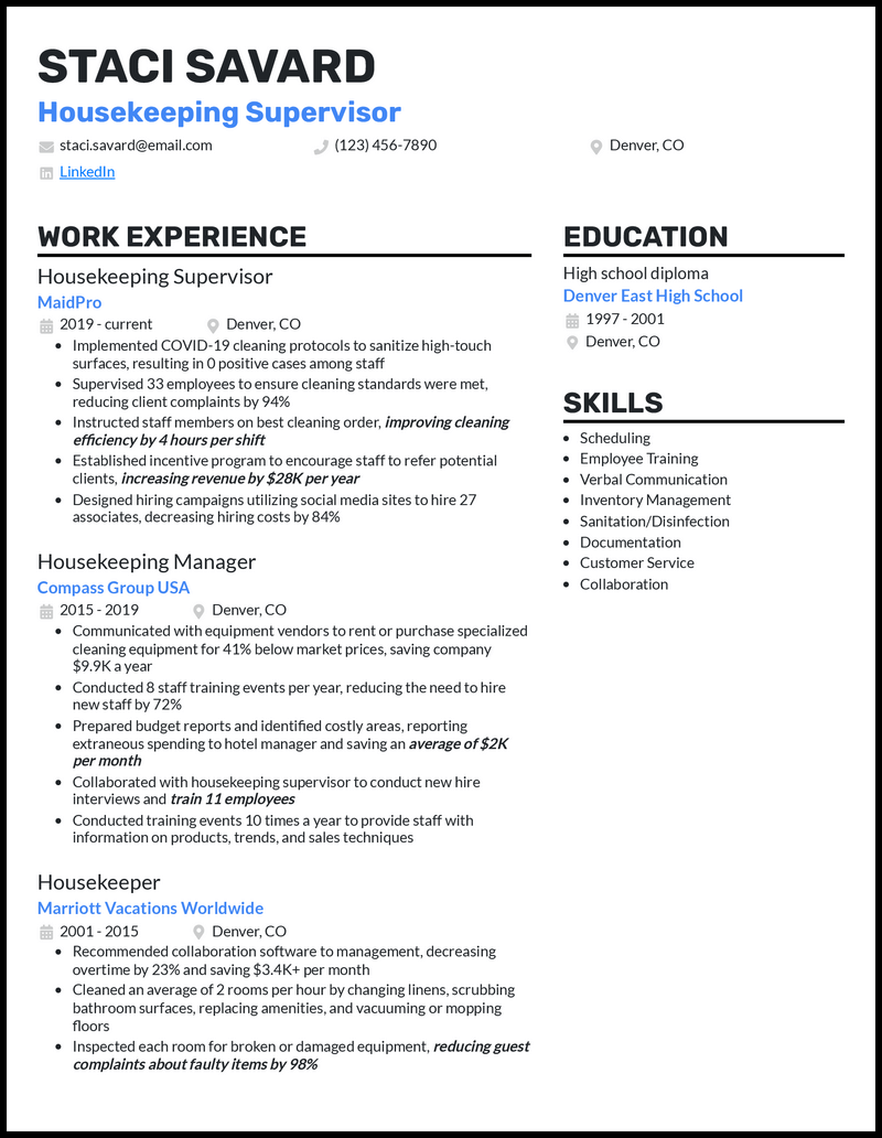 3 Housekeeping Supervisor Resume Examples Created For 2024