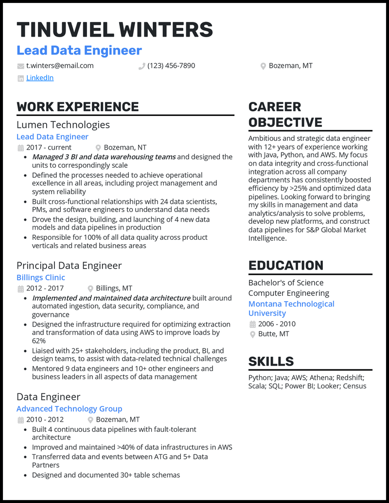 3 Lead Data Engineer Resume Examples for 2024