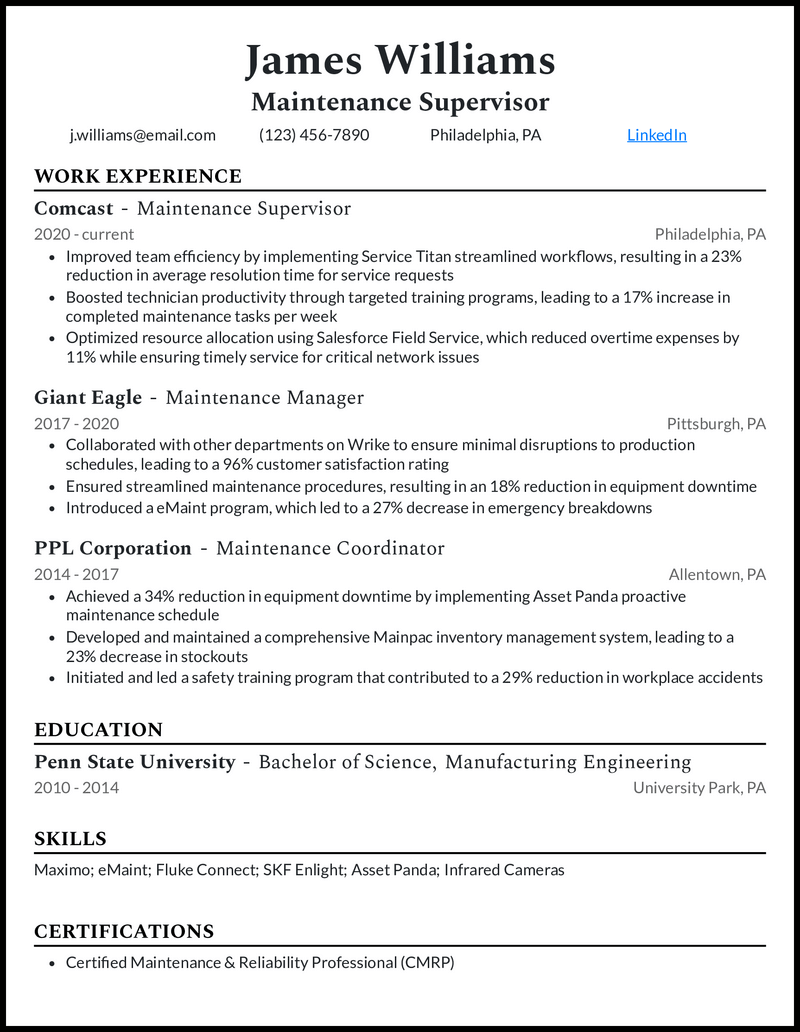 3 Maintenance Supervisor Resume Examples That Work in 2024