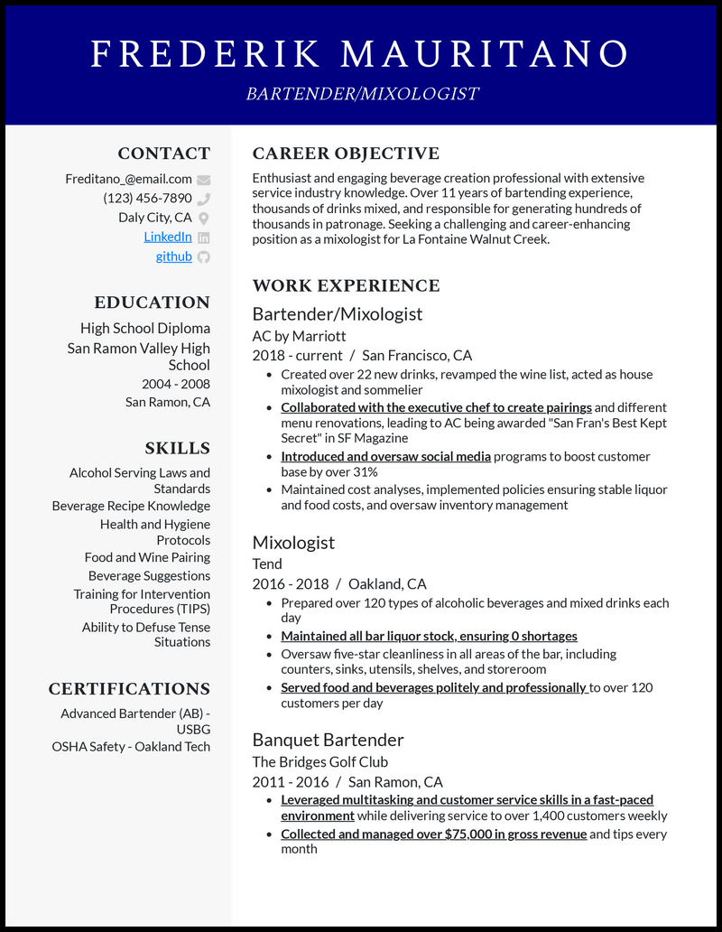 3 Mixologist Resume Examples That Winning The Job In 2024