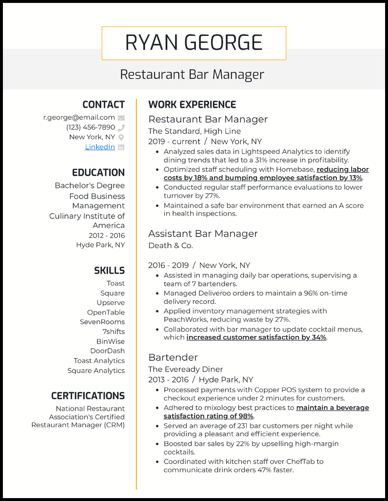 Restaurant Manager Resume Fine Dining
