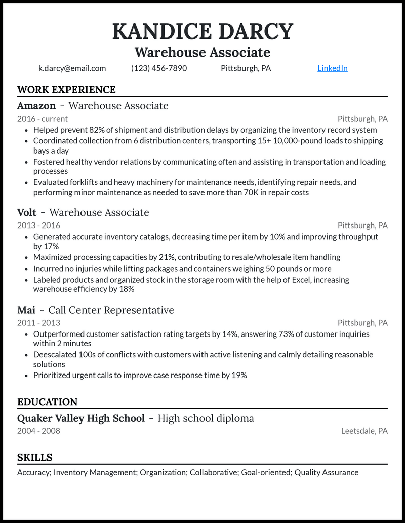 3 Warehouse Associate Resume Examples That Work in 2024