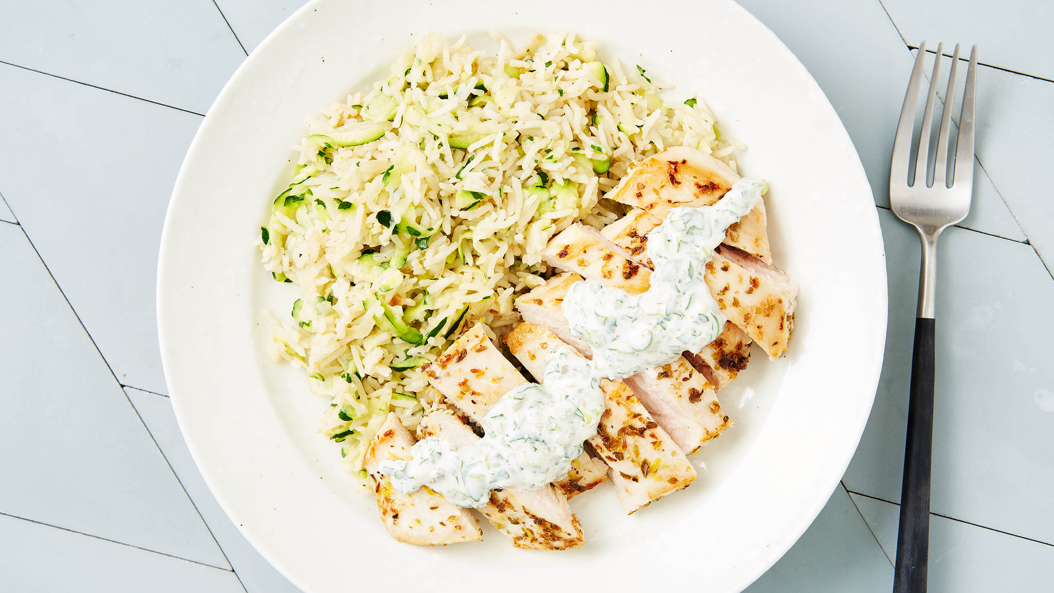 Oregano Chicken with Zucchini Rice and Yoghurt Tartare Kenwood Recipes