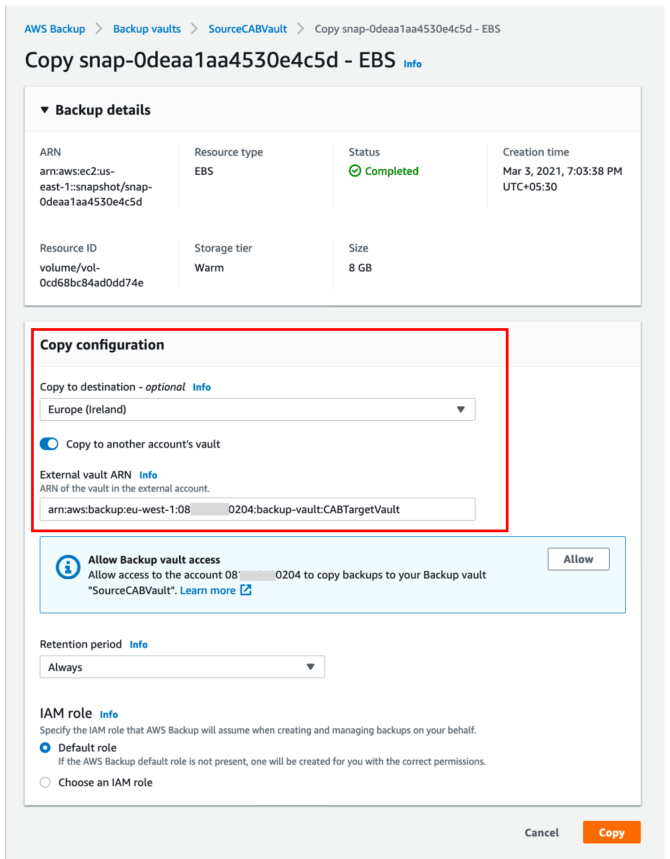 Create and share encrypted backups across accounts and Regions using