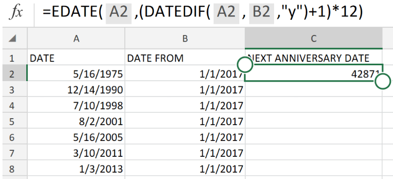 Excel formula Next anniversary date