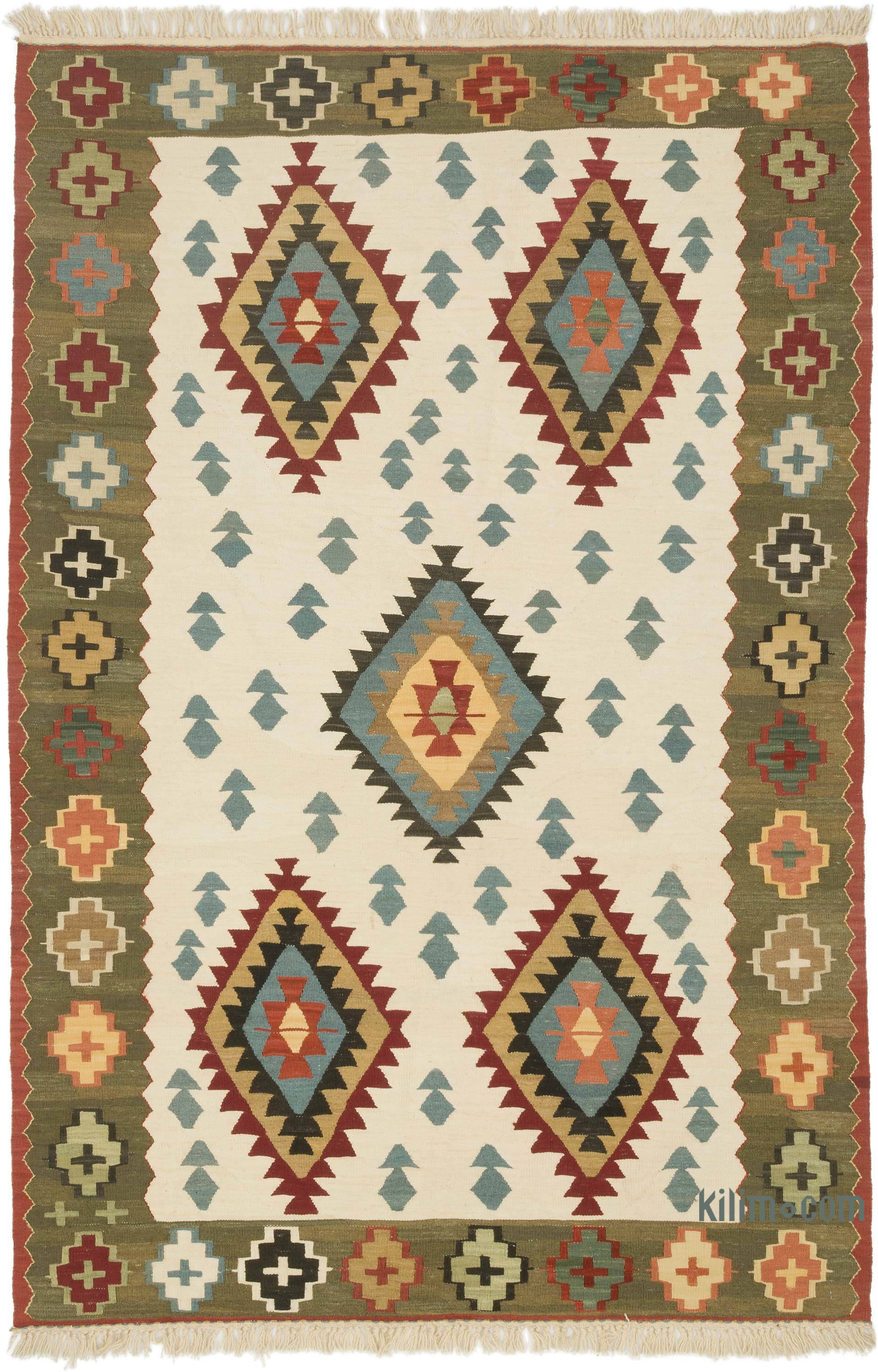 K0058142 Beige, Green New Handwoven Turkish Kilim Rug 4' 2" x 6' 3" (50" x 75")