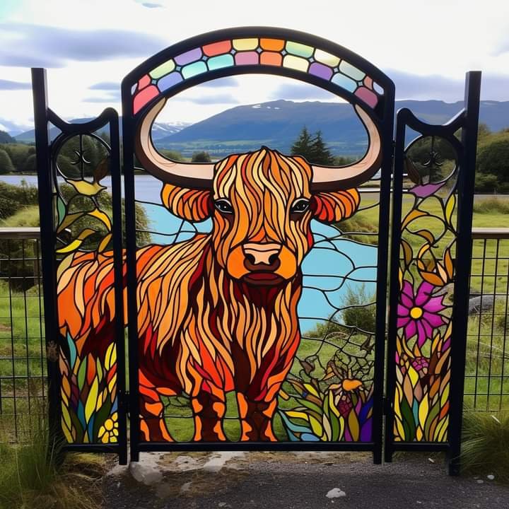 Solve Stained glass Highland cattle gate jigsaw puzzle online with 16