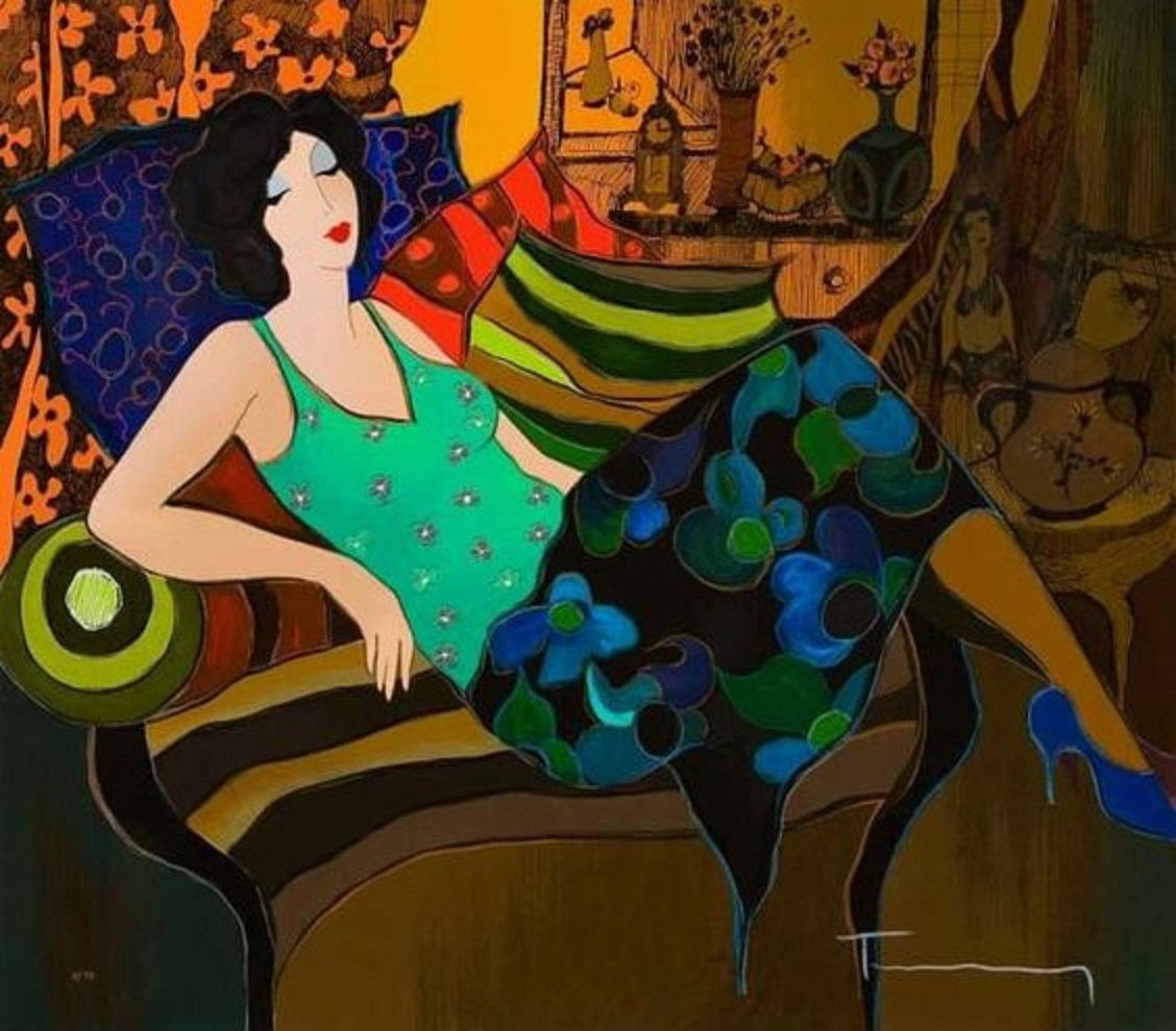 Solve Woman Relaxing on Couch Itzchak Tarkay (Israeli, 19352012
