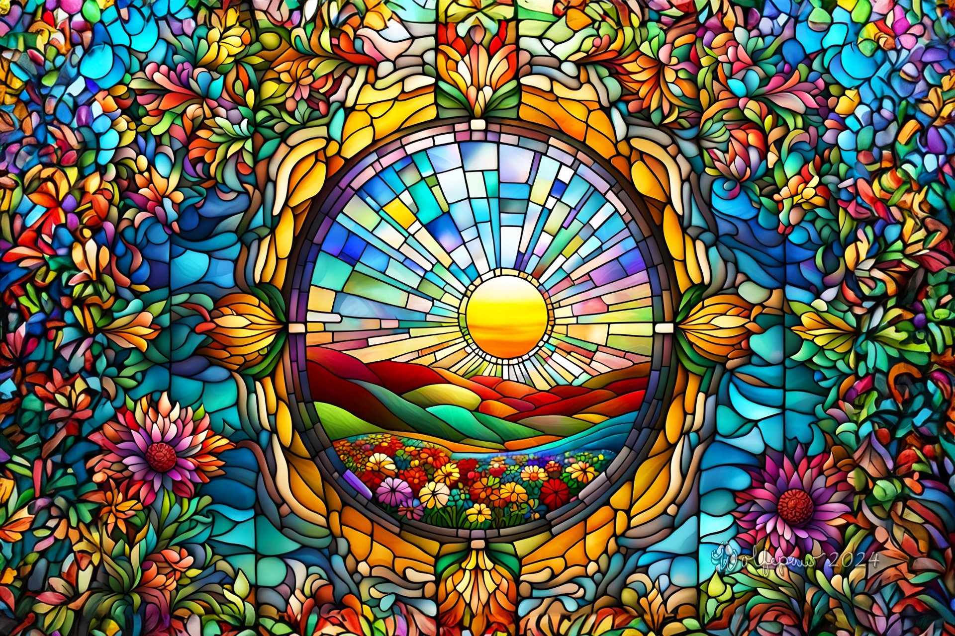 Solve AI Stained Glass Window of a Sun and Flowers jigsaw puzzle online