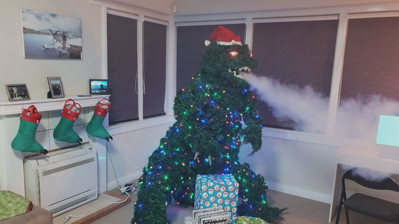 Godzilla Christmas 2023 Someone Built And Sold A Godzilla Christmas Tree That Spews Smoke Shouts