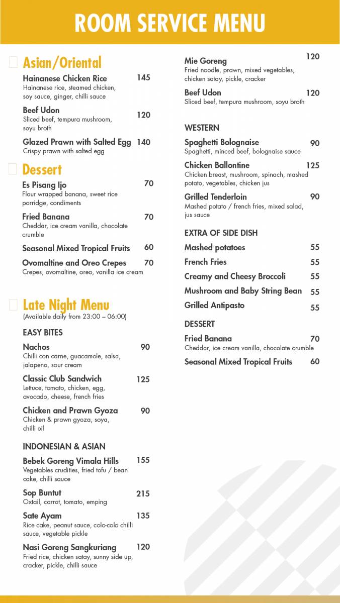 Pullman Ciawi Vimala Hills Resort Spa & Convention Room Service Menu