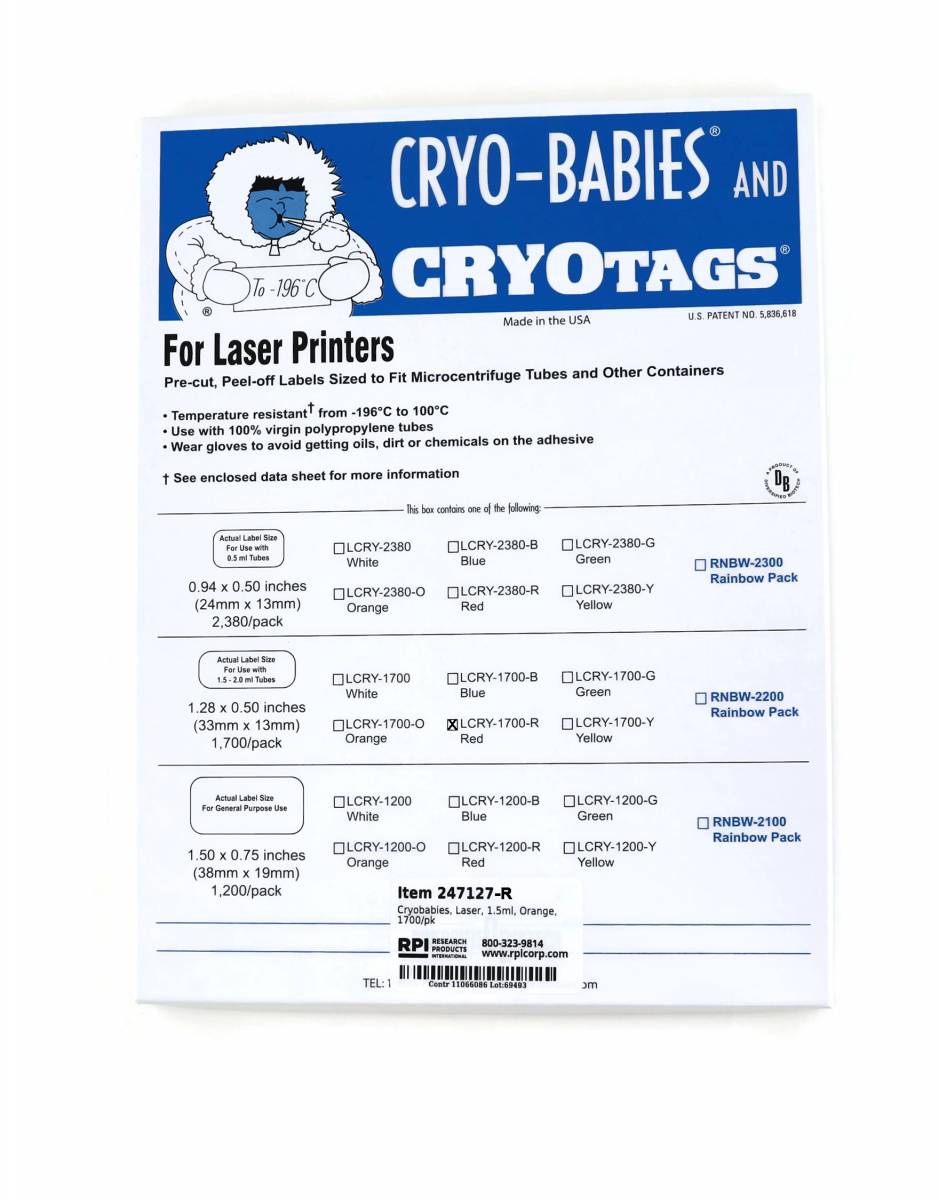 247127R CryoBabies Labels, Laser Sheet, 1.5 2.0ml Tubes, 1.28 x 0.5 Inches, Red, 1,700 per