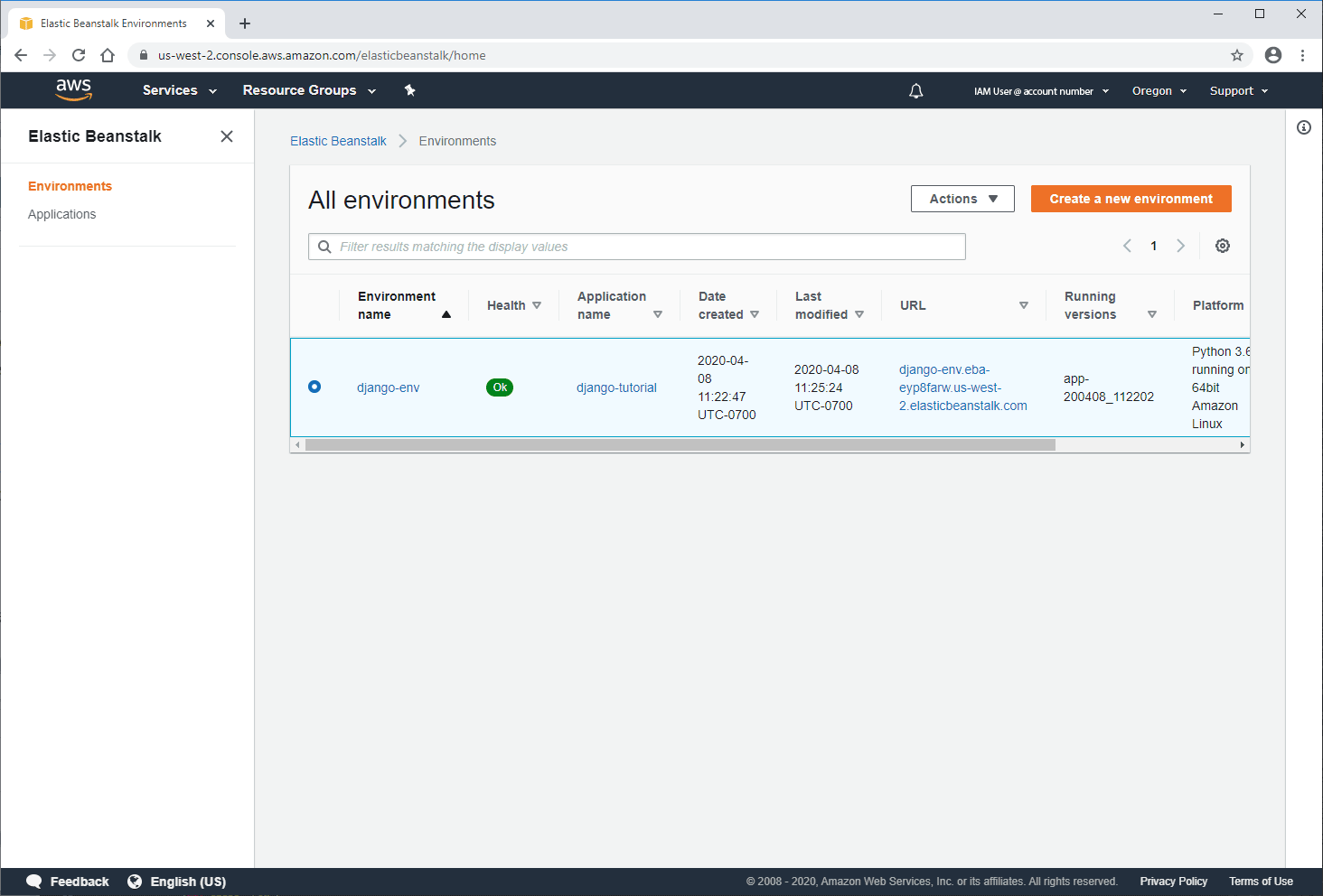 Terminate AWS djangoenv environment