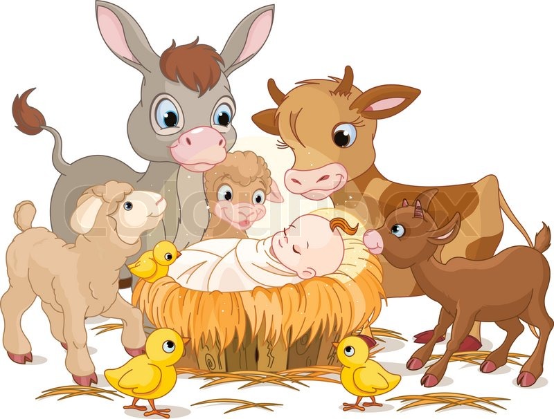Holy child with donkey, lambs, goat and calf Stock Vector Colourbox
