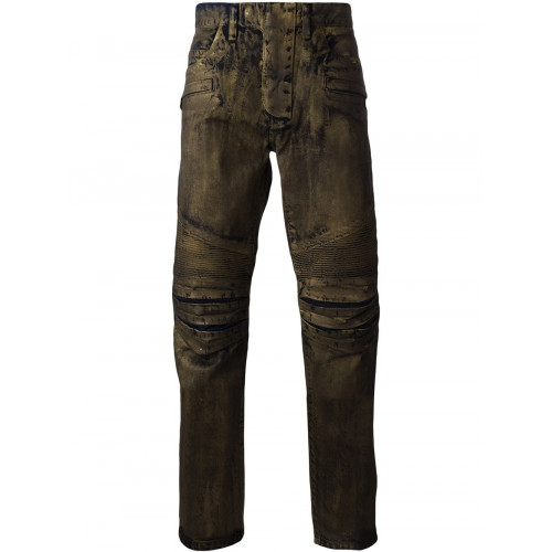 BALMAIN METALLIC SLIM BIKER JEANS, KHAKI ModeSens