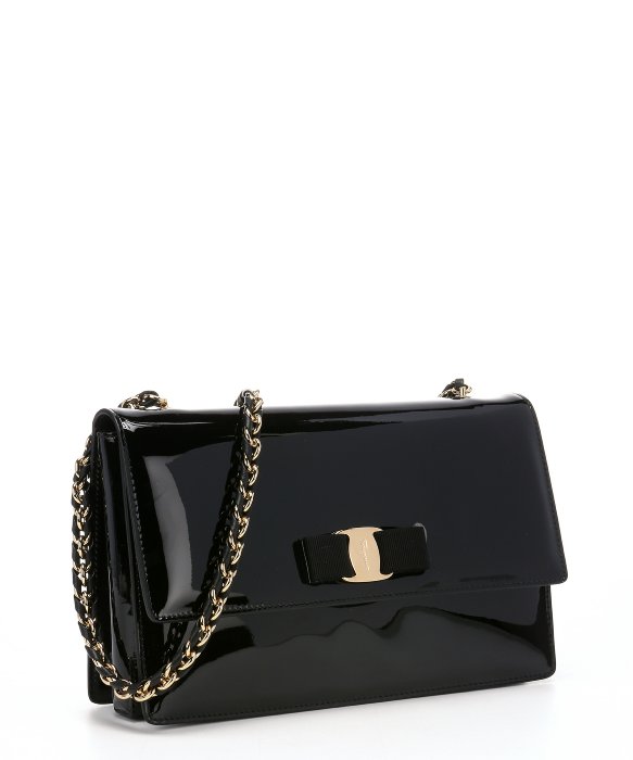 SALVATORE FERRAGAMO BLACK PATENT CALFSKIN MEDIUM 'GINNY' CHAIN LINK