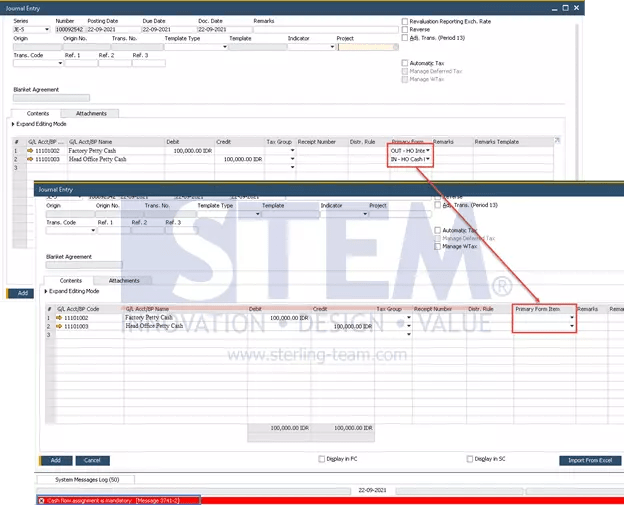 Error Journal Entry with 2 or More Cash Flow Accounts SAP Business