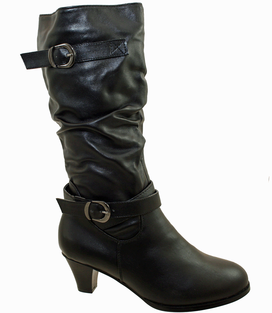 Girls Ladies Black 2 Inch Heels Mid Calf Long Knee Cheap Boots 12 13 1