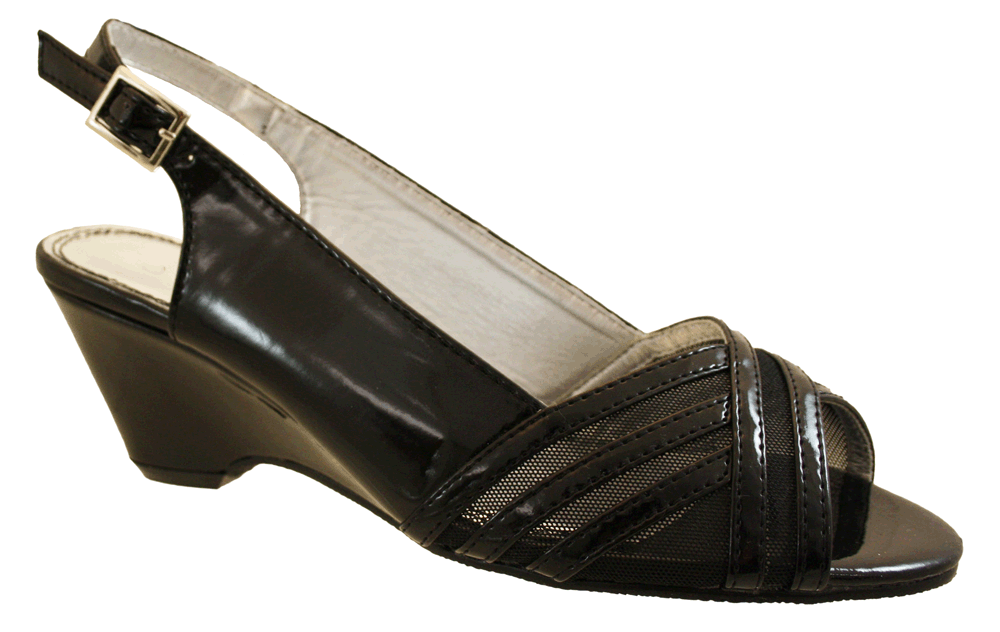 Comfort Plus Ladies Wide Fit Black Patent Wedge Sling Back Sandals